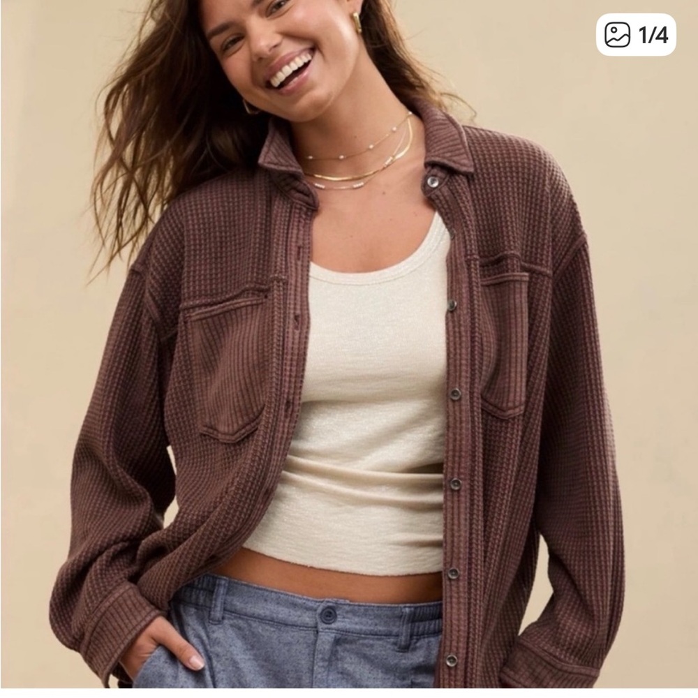 Aerie Brown Button-Up Waffle Knit Shirt